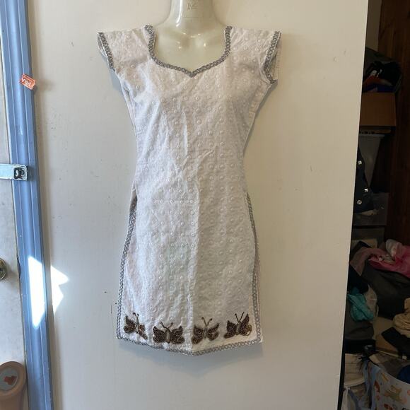 Vintage Mini Dress White Lace Butterfly Sequins Zip Back Split Side Jrs XS/S - Picture 4 of 9